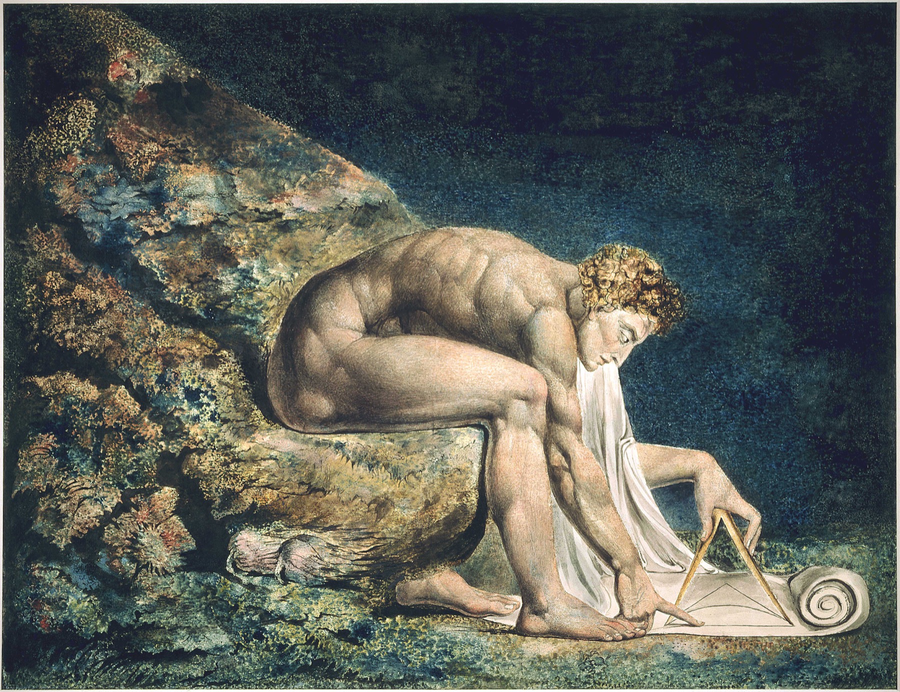 William Blake's Newton, seated on a rock and measuring with a compass